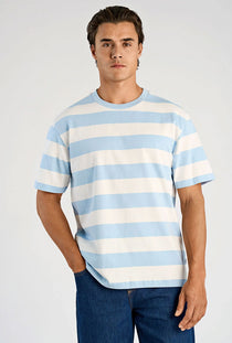 Front image of a model wearing the Striped oversized t in aqua, by brand Lindbergh