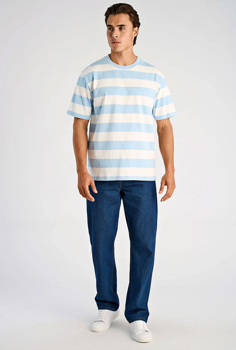 Front image of a model wearing Striped oversized t in aqua, by brand Lindbergh