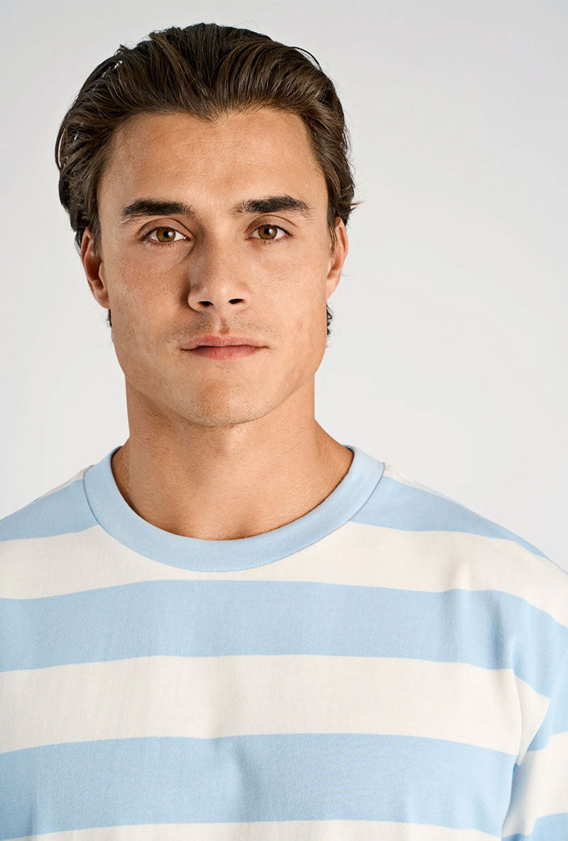 Front image of a model wearing Striped oversized t in aqua, by brand Lindbergh