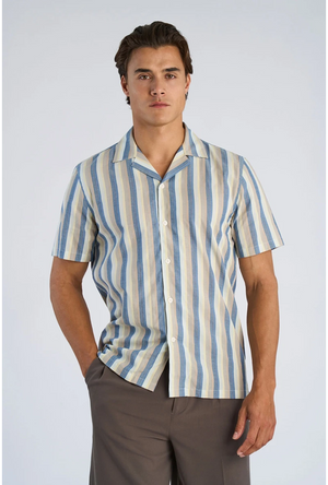 Front image of a model wearing the Striped s/s shirt in blue, by brand Lindbergh