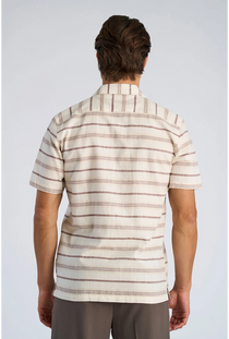 Back image of a model wearing the Striped structure s/s shirt in brown, by brand Lindbergh
