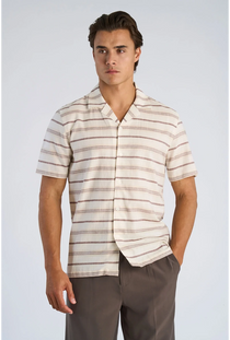Front image of a model wearing the Striped structure s/s shirt in brown, by brand Lindbergh