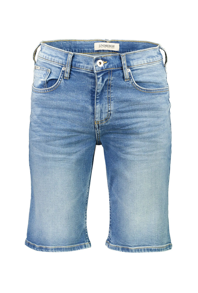 Front image of Superflex denim shorts in dark denim, by brand Lindbergh