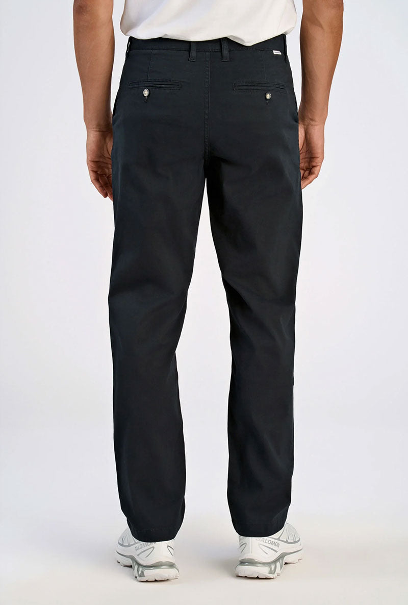 Back image of a model wearing Superflex relaxed fit chino pants in black, by brand Lindbergh