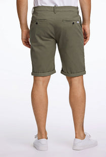 Back image of a model wearing the Superflex relaxed fit chino shorts in khaki, by brand Lindbergh