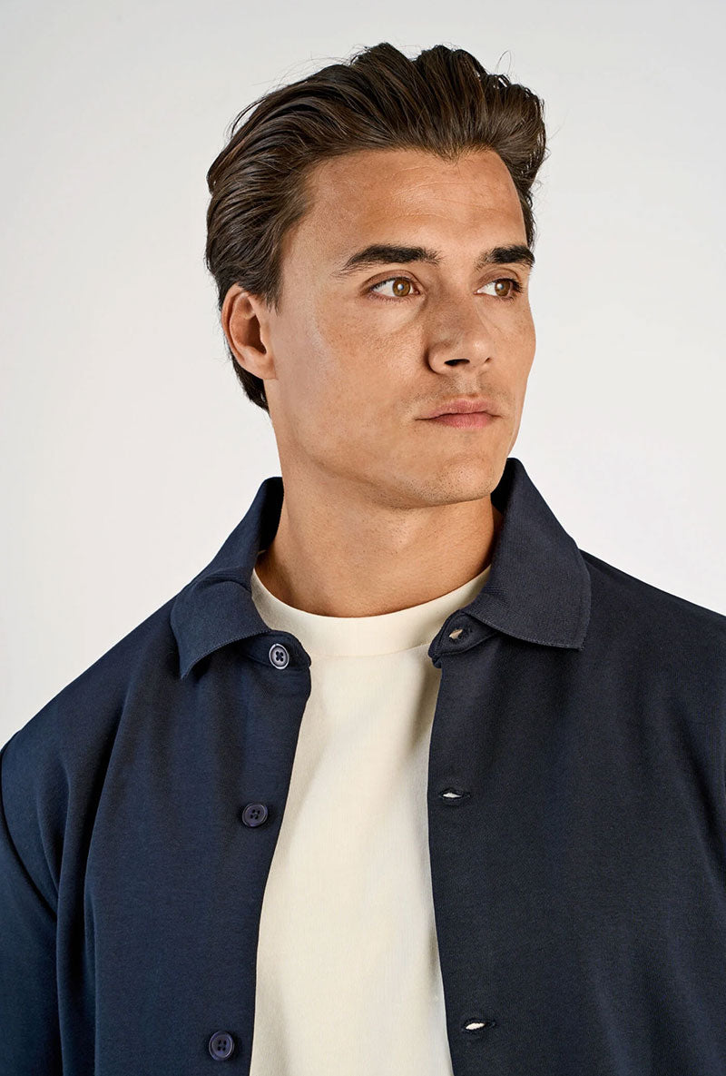 Front image of a model wearing Lindbergh sweat cardigan in navy, by brand Lindbergh