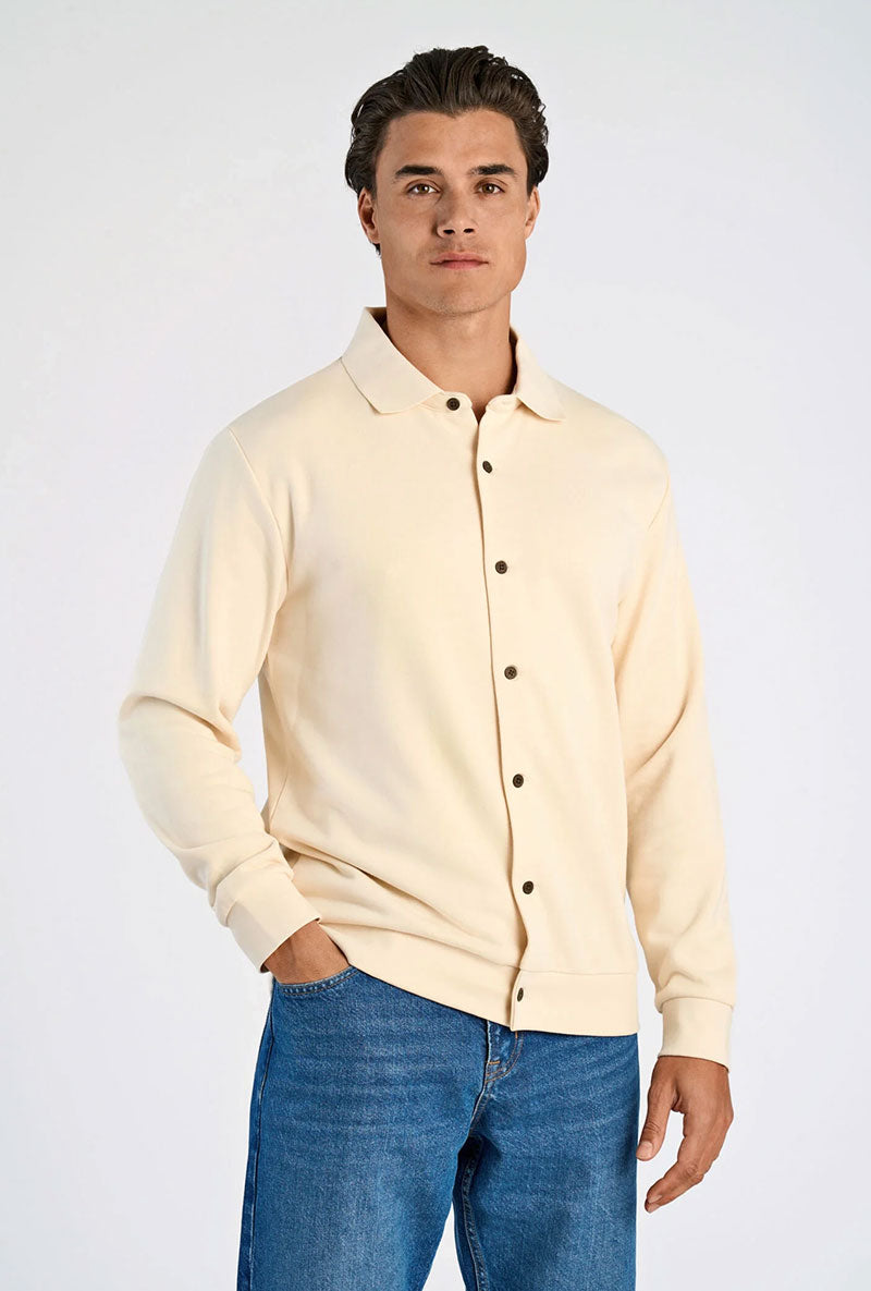 Front image of a model wearing Lindbergh sweat cardigan in beige, by brand Lindbergh