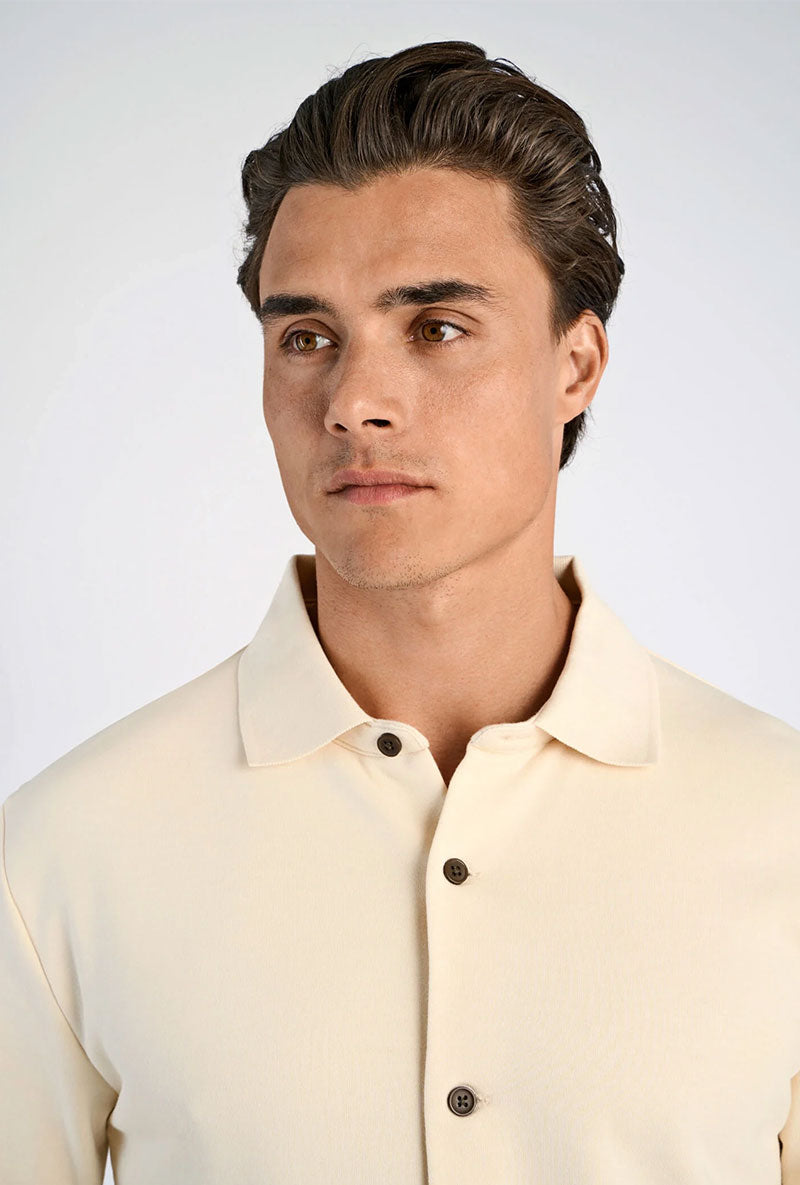 Front image of a model wearing Lindbergh sweat cardigan in beige, by brand Lindbergh