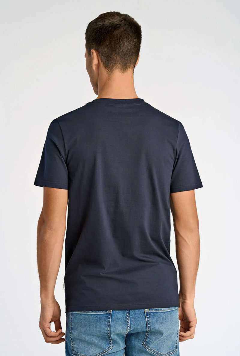 Back image of a model wearing Embroidery ss tshirt in navy, by brand Lindbergh