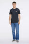 Front image of a model wearing the Embroidery ss tshirt in navy, by brand Lindbergh
