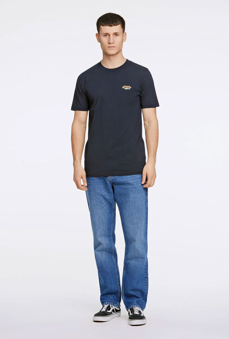 Front image of a model wearing Embroidery ss tshirt in navy, by brand Lindbergh