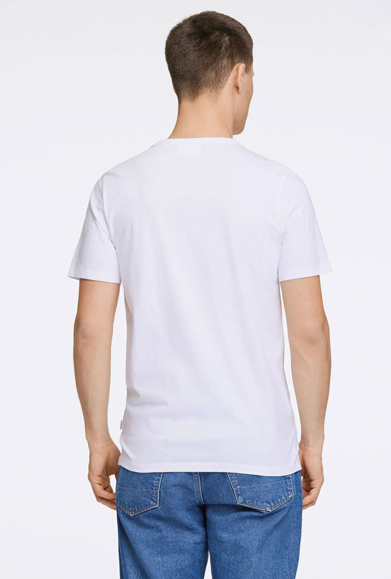 Back image of a model wearing Lindbergh logo print ss tshirt in white, by brand Lindbergh