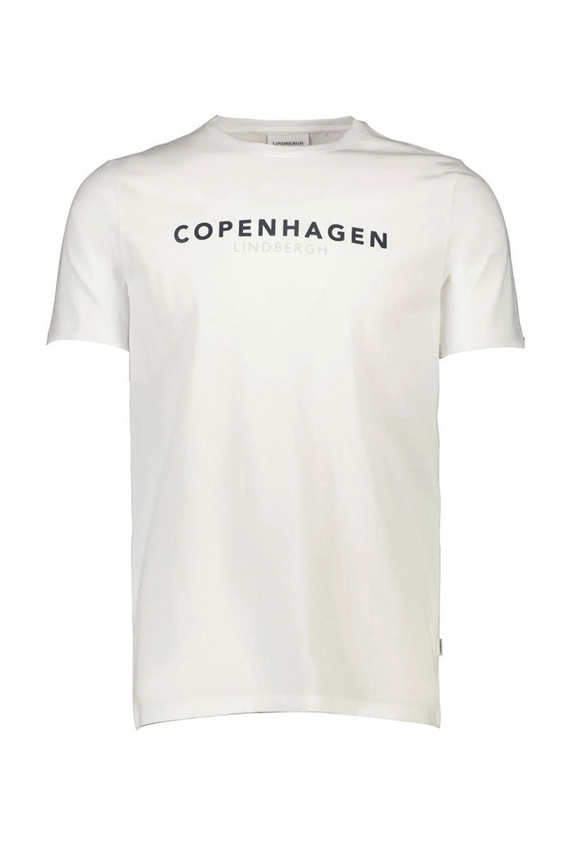Front image of Lindbergh logo print ss tshirt in white, by brand Lindbergh