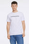 Front image of a model wearing Lindbergh logo print ss tshirt in white, by brand Lindbergh