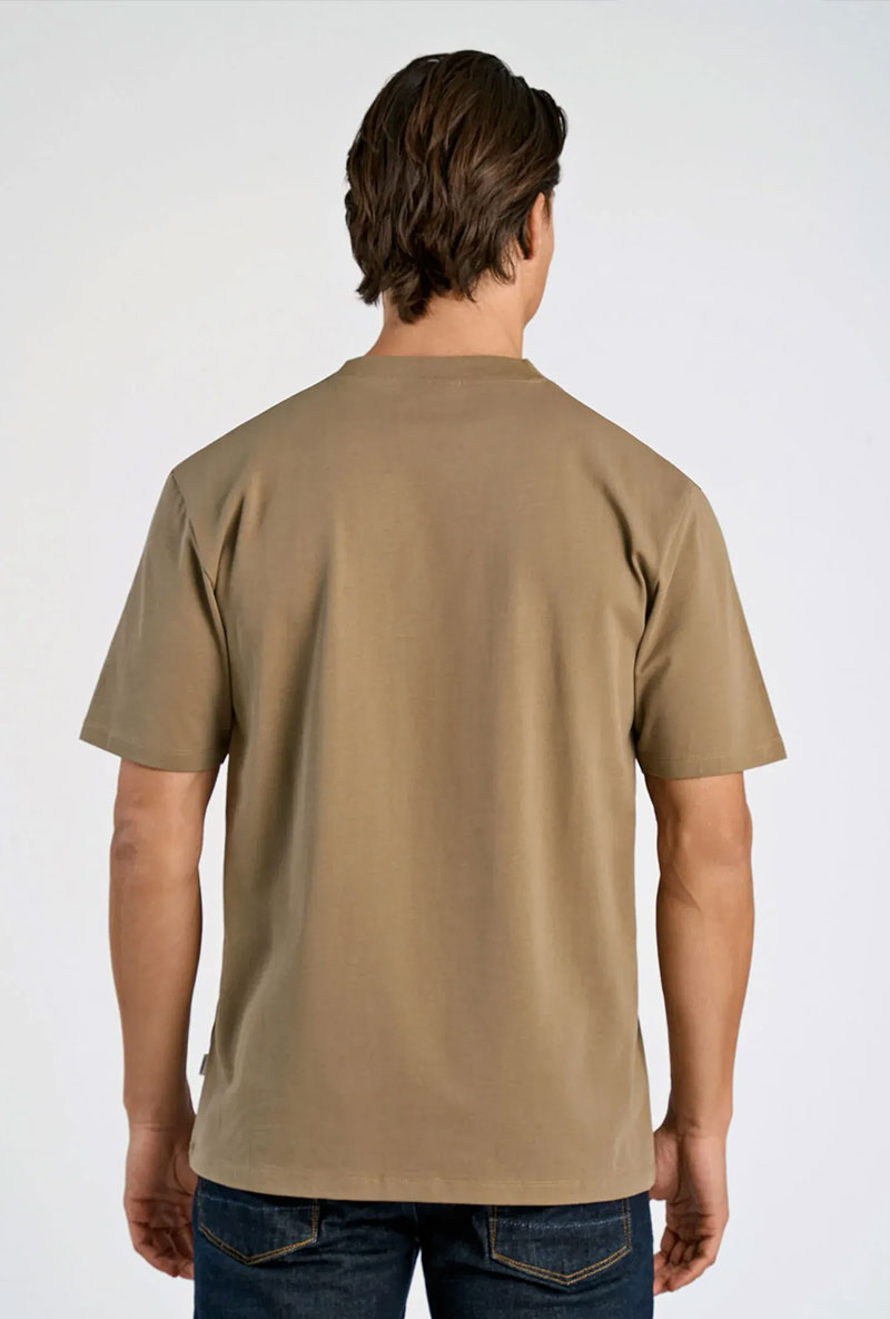 Back image of a model wearing Oneck oversize tshirt in stone, by brand Lindbergh
