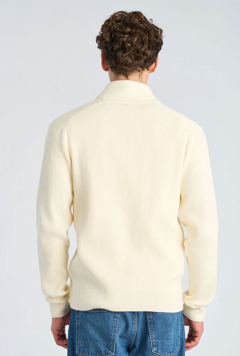 Back image of a model wearing Rib shawl collar cardigan in cream, by brand Lindbergh
