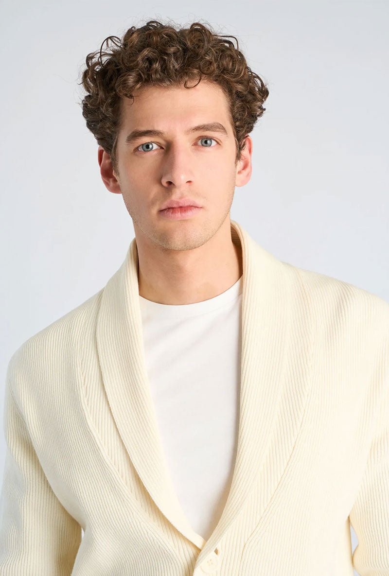 Front image of a model wearing Rib shawl collar cardigan in cream, by brand Lindbergh