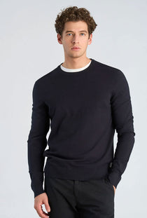Front image of a model wearing the Soft viscose blend oneck knit in navy, by brand Lindbergh