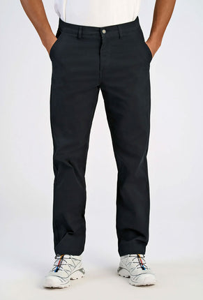 Front image of a model wearing Superflex chino pants in black, by brand Lindbergh