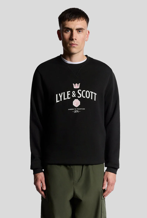 Front image of a model wearing the Lyle and scott cheers to tradition sweatshirt in black, by brand Lyle and scott