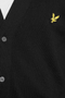 Front detail image of a model wearing the Lyle and scott merino v neck cardigan in black, by brand Lyle and scott