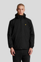 Front image of a model wearing the Lyle and scott zip through hooded jacket in black, by brand Lyle and scott