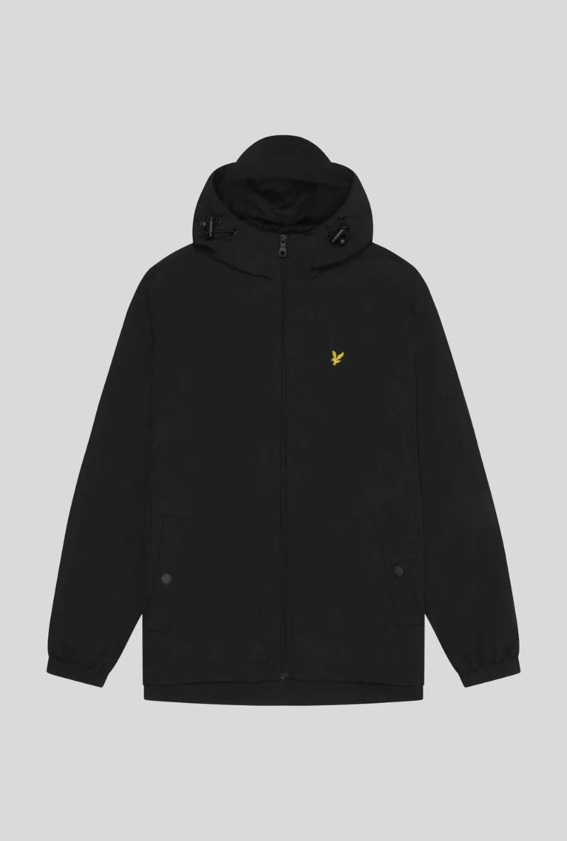 Front image of Lyle and scott zip through hooded jacket in black, by brand Lyle and scott
