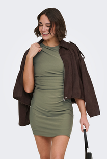 Front image of the Amber sleeveless ruching dress in green, by brand Only