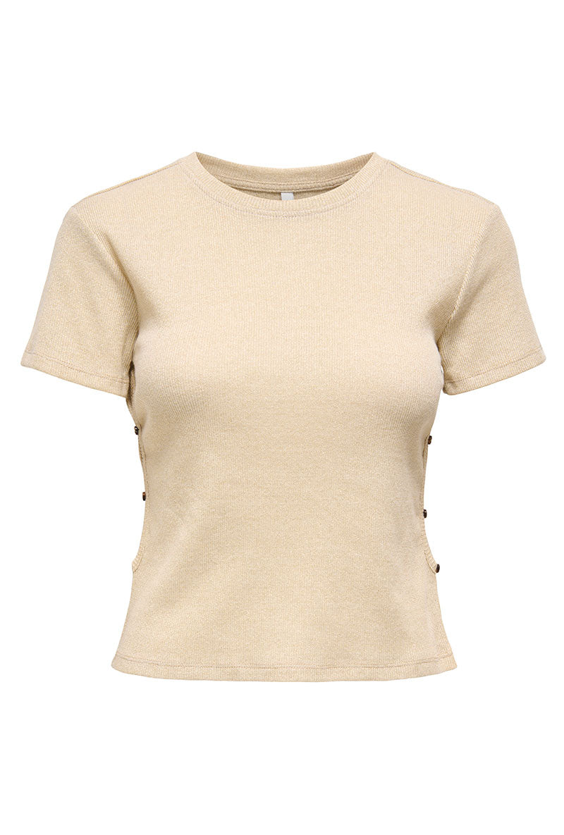 Front image of Carla glitter s/s top in gold, by brand Only