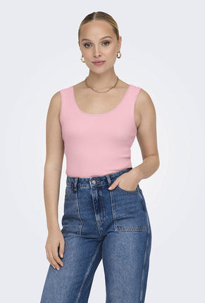 Front image of a model wearing Only easy s/l tank top in pink, by brand Only