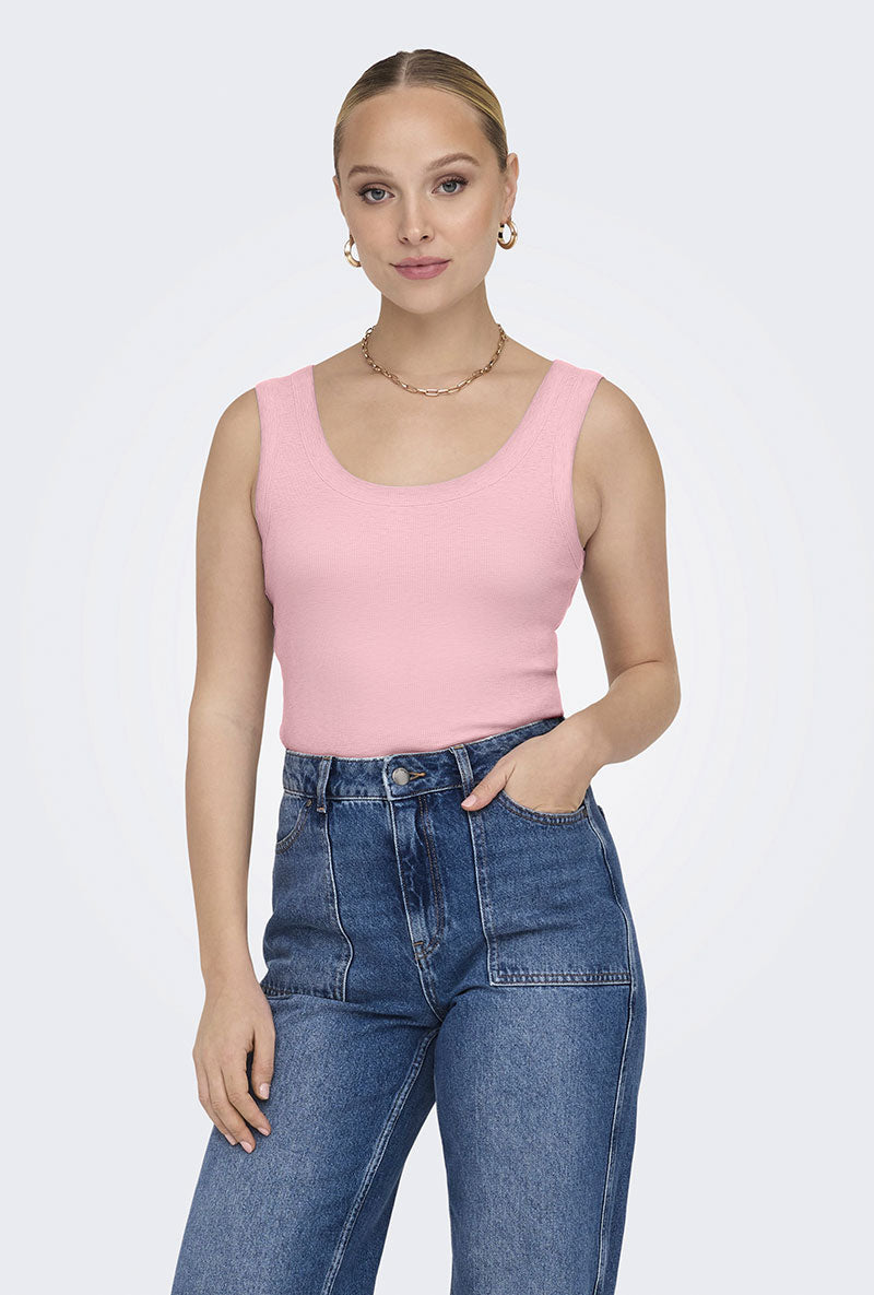Front image of a model wearing Only easy s/l tank top in pink, by brand Only