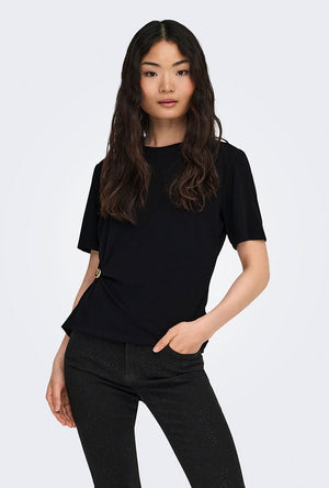 Front image of a model wearing the Only elena s/s detail top in black, by brand Only
