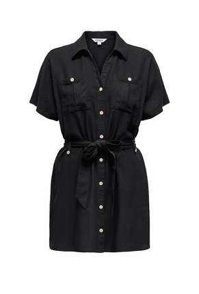 Front image of Goa shortsleeve linen belt shirt dress in black, by brand Only