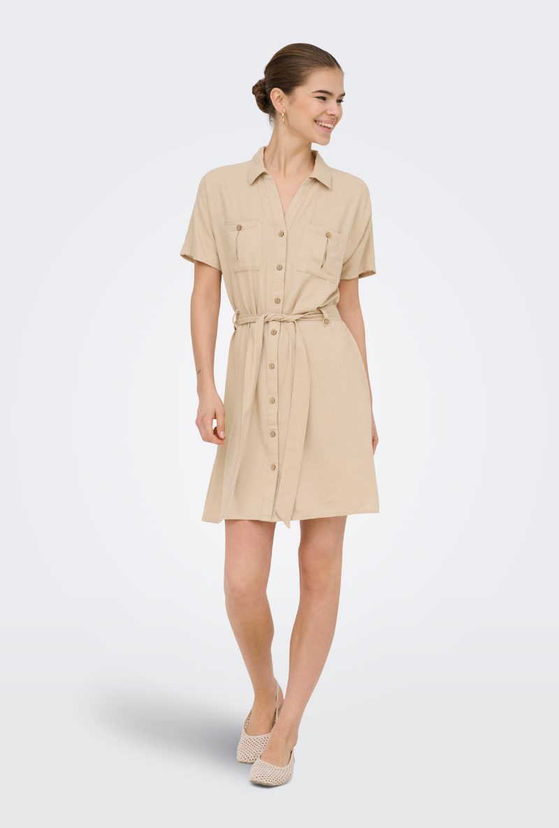 Front image of Goa shortsleeve linen belt shirt dress in stone, by brand Only