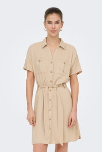 Front image of the Goa shortsleeve linen belt shirt dress in stone, by brand Only