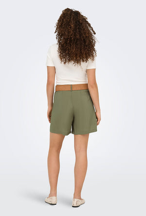 Back image of a model wearing the Ibiza hw belt shorts in khaki, by brand Only