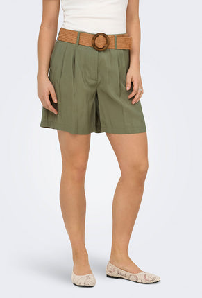 Front image of a model wearing Ibiza hw belt shorts in khaki, by brand Only