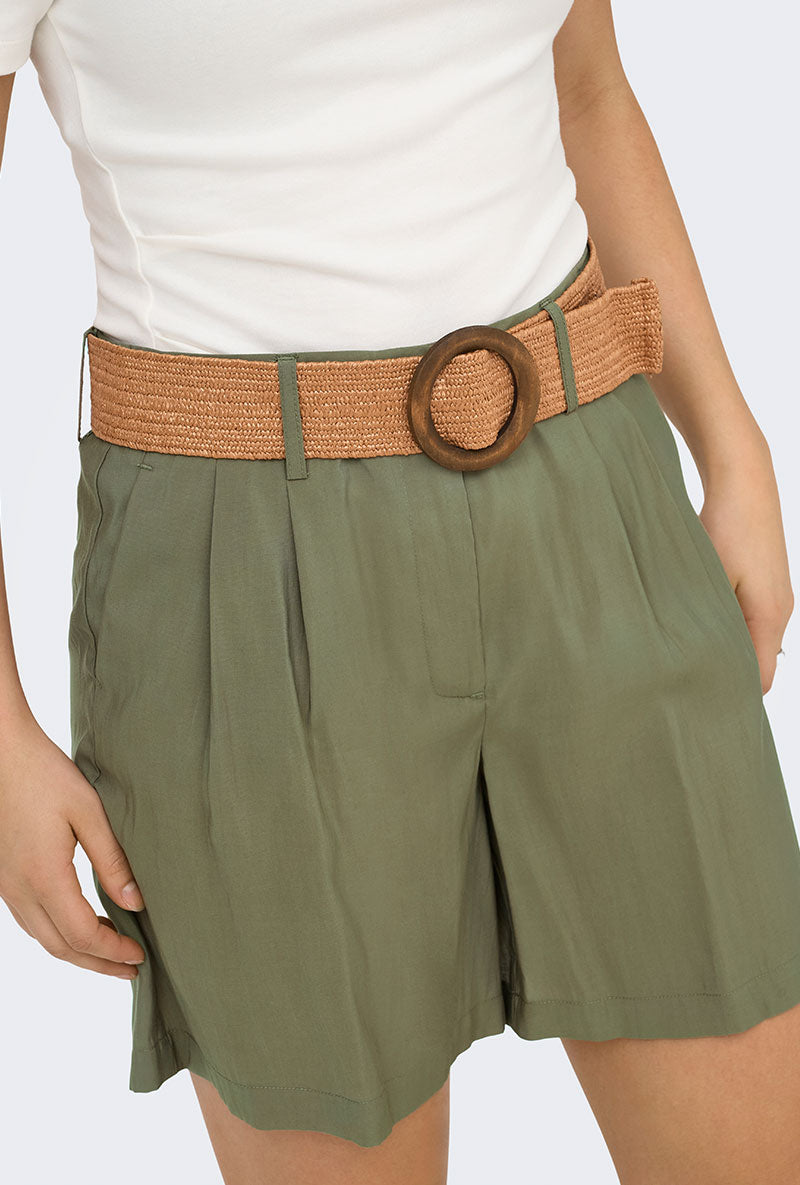 Front image of a model wearing Ibiza hw belt shorts in khaki, by brand Only