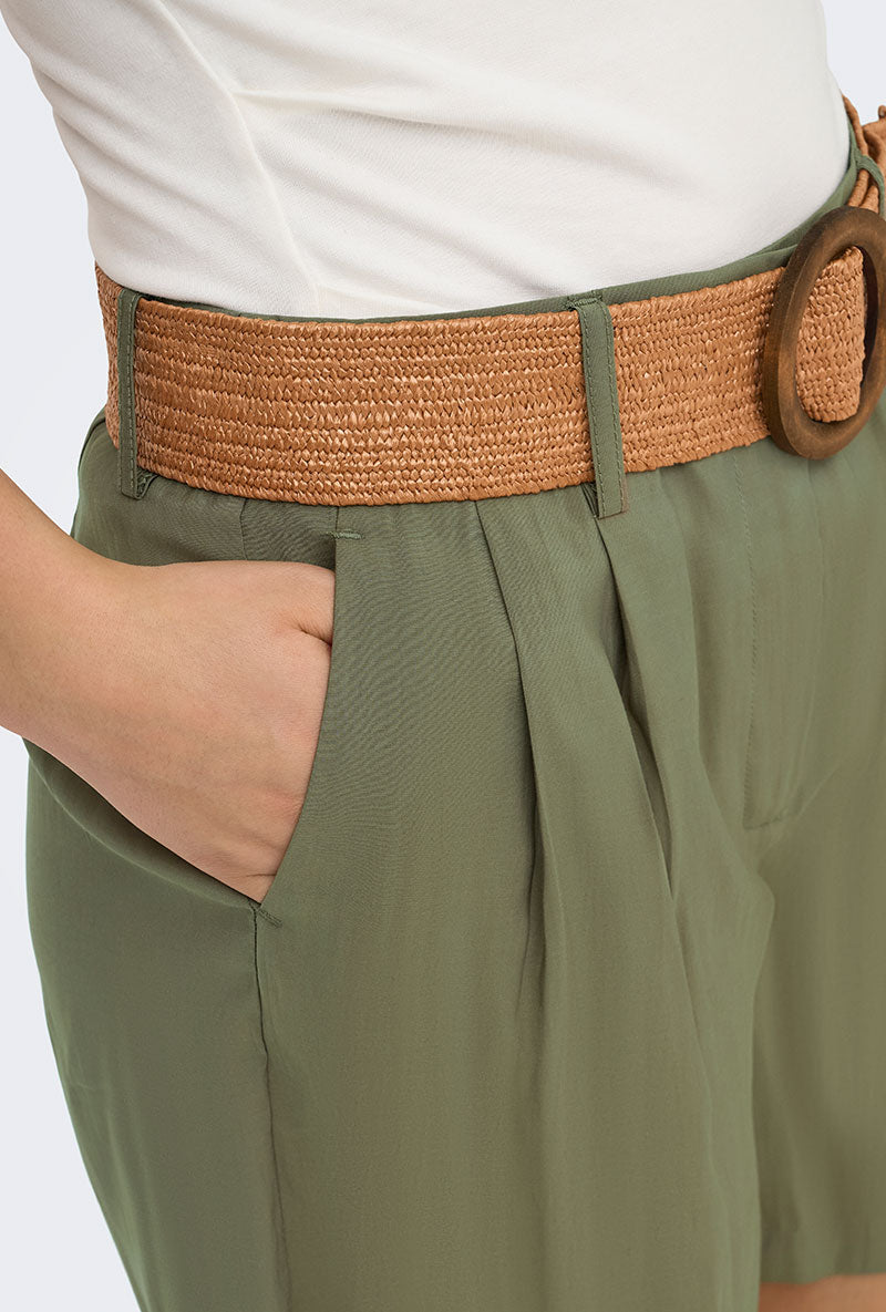 Front image of a model wearing Ibiza hw belt shorts in khaki, by brand Only
