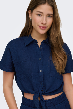 Front image of the Leoni seersucker cap knot shirt in navy, by brand Only