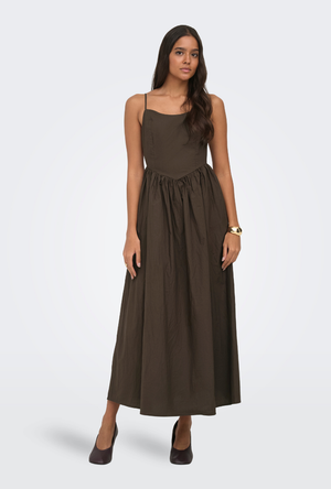 Front image of the Likara strap waist long dress in brown, by brand Only