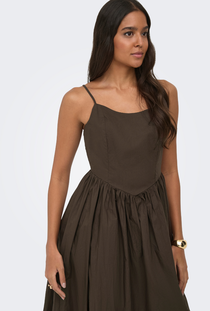 Front image of the Likara strap waist long dress in brown, by brand Only