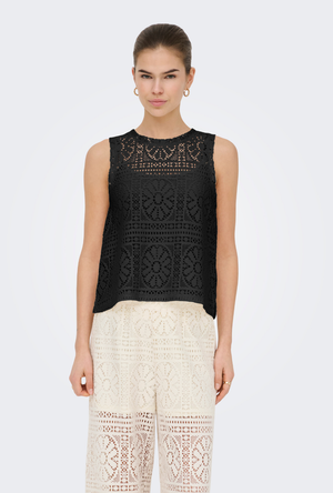 Front image of the Lilian lace tank top in black, by brand Only