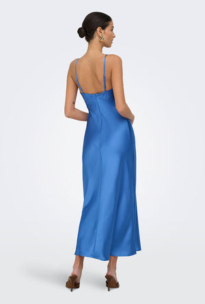 Back image of a model wearing the Losiris long strap dress in blue, by brand Only