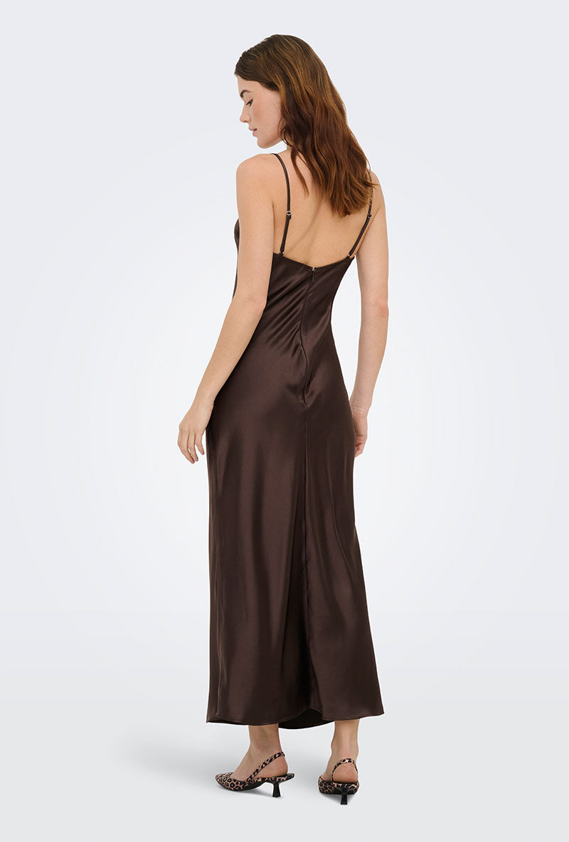 Back image of a model wearing Losiris long strap dress in brown, by brand Only