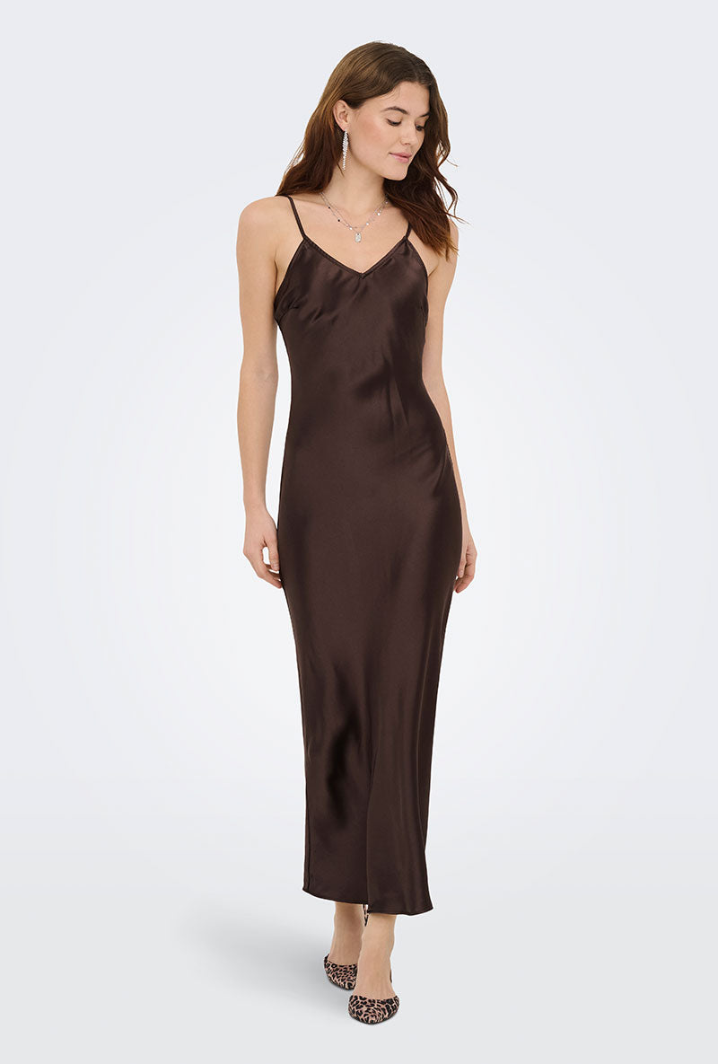 Front image of a model wearing Losiris long strap dress in brown, by brand Only