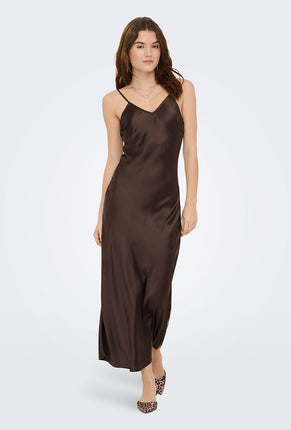 Front image of a model wearing Losiris long strap dress in brown, by brand Only