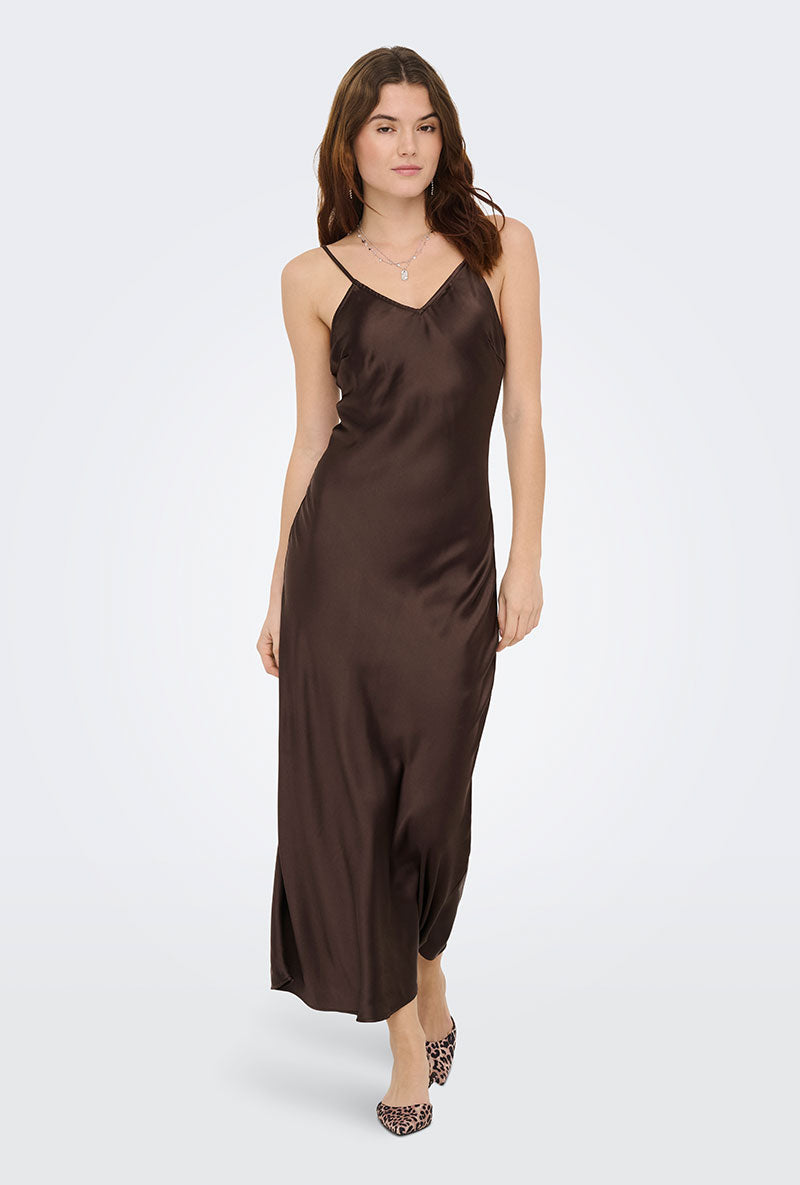 Front image of a model wearing Losiris long strap dress in brown, by brand Only