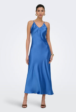 Front image of a model wearing Losiris long strap dress in blue, by brand Only