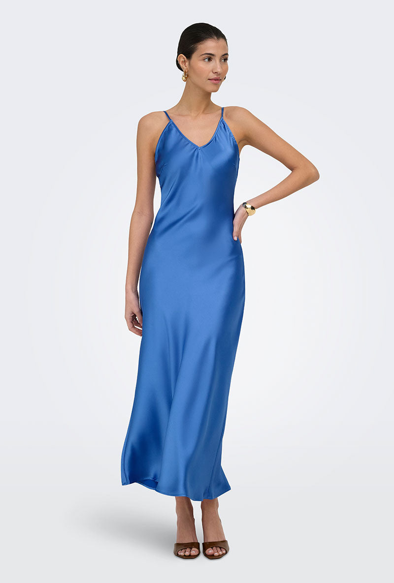 Front image of a model wearing Losiris long strap dress in blue, by brand Only